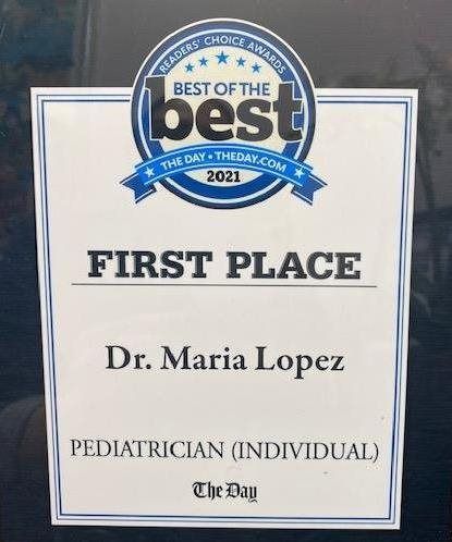 Award plaque for Dr. Maria Lopez, First Place Pediatrician (Individual), Best of the Best 2021.