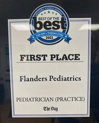 Best of the Best 2021 award plaque for Flanders Pediatrics, First Place, on a white background