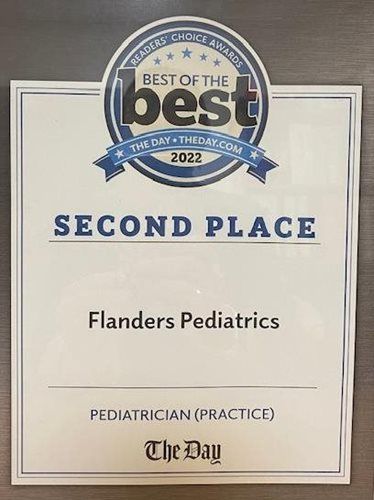 Framed “Best of the Day” 2022 award plaque for Flanders Pediatrics, second place