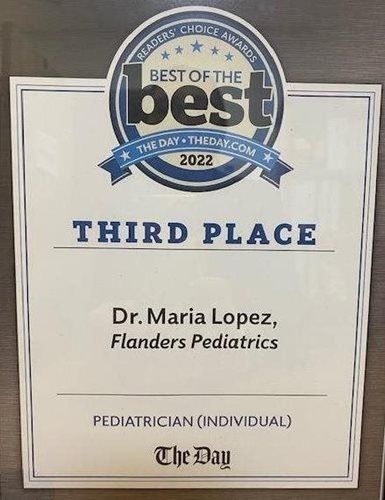 Blue award plaque reading “Best of the Best” Third Place for Dr. Maria Lopez, Flanders Pediatrics.