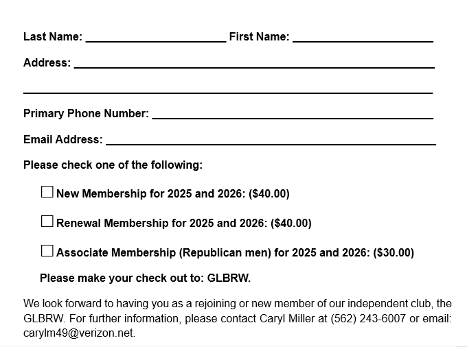 Membership form for GLBRW. Includes fields for name, address, and contact, with options for new, renewal, or associate membership fees.