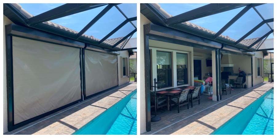 Two side-by-side photos showing a patio with roll-down privacy screens closed on the left and open on the right.