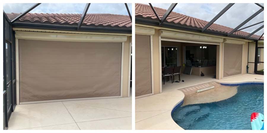 A split view showing tan roll-down privacy screens installed over a patio opening and next to a swimming pool.
