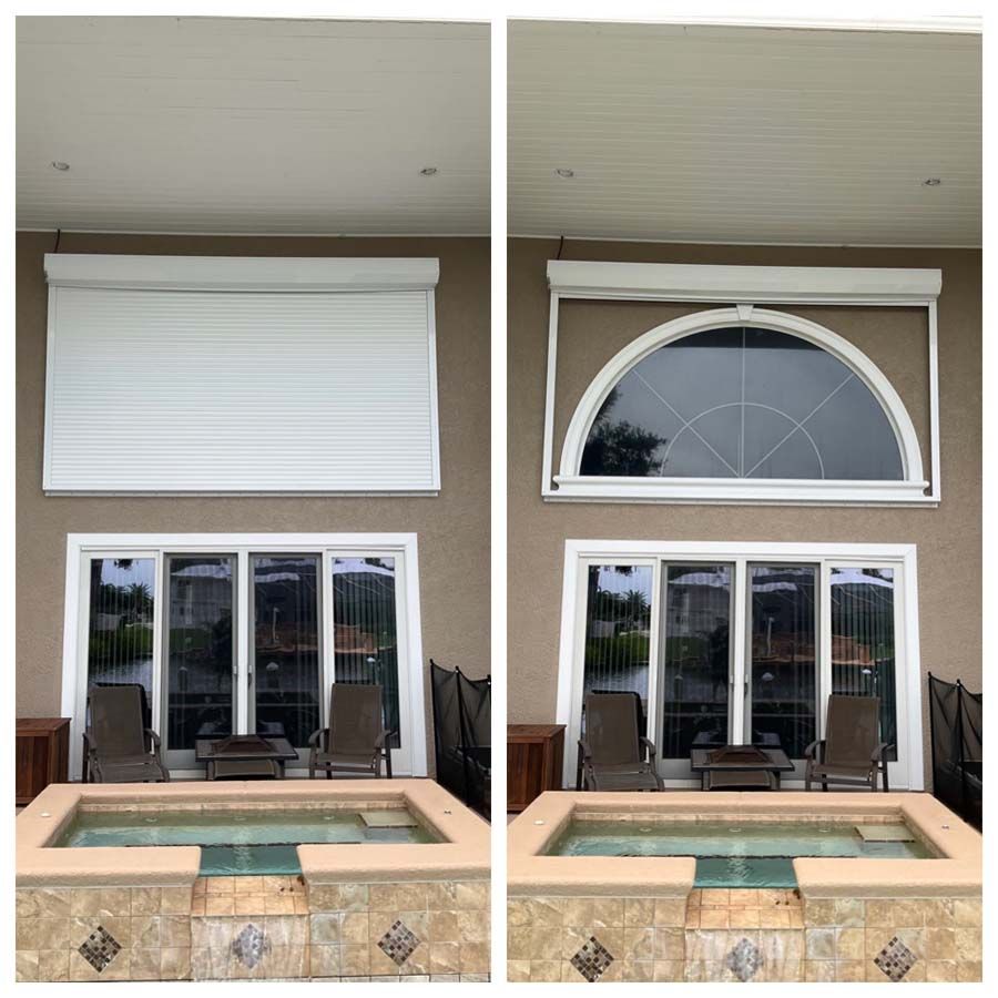 A split-screen comparison showing a white rolling shutter closed over an arched window above sliding glass doors.