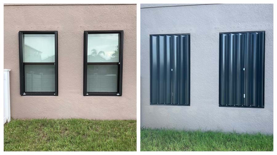A side-by-side comparison of two windows, one without and one with dark gray storm shutters installed.