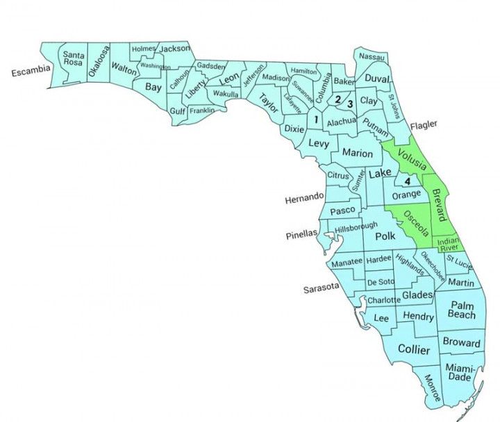 A map of Florida counties, with several counties along the Atlantic coast highlighted in light green.