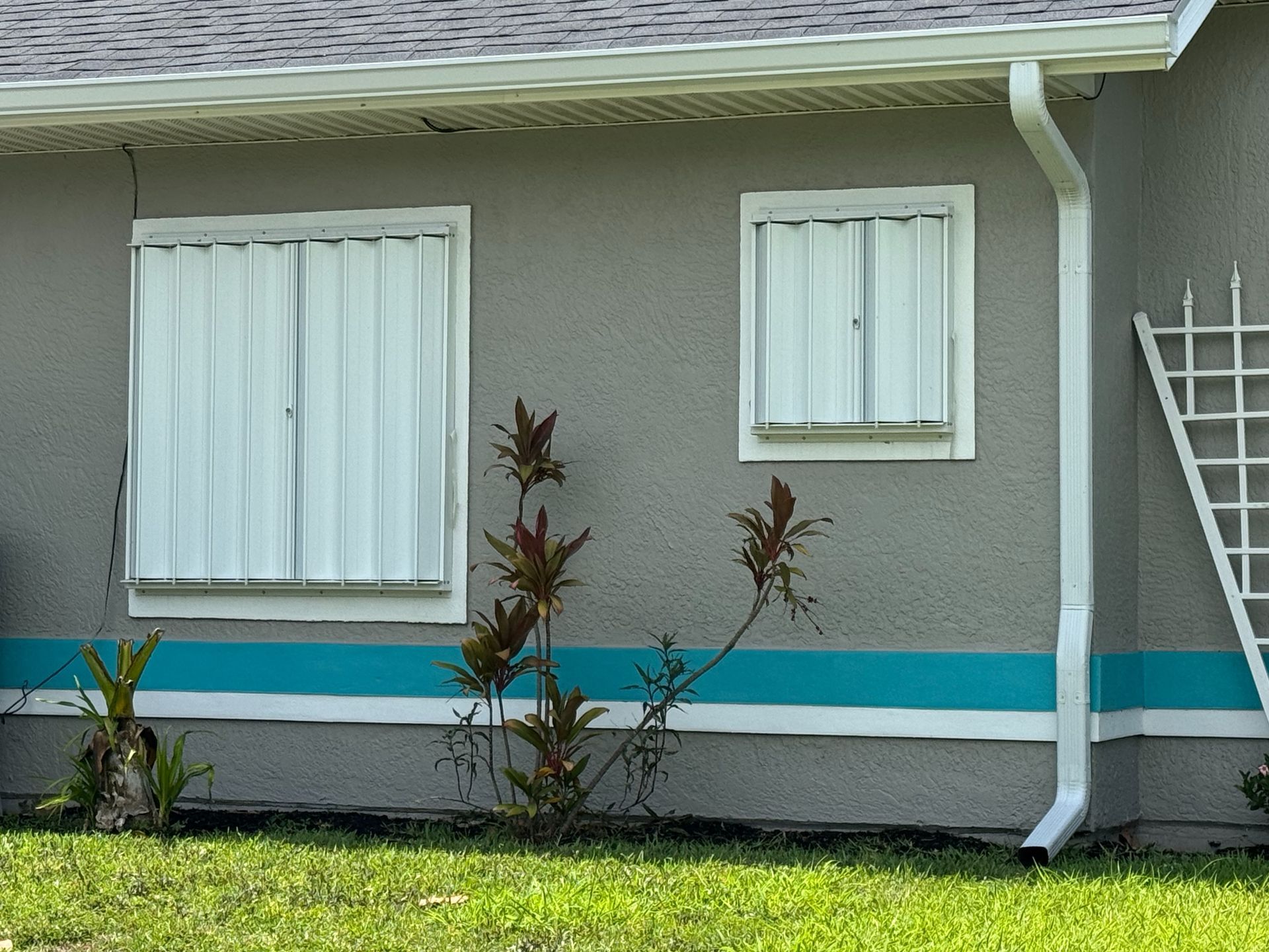 A gray house exterior with two windows covered by white hurricane shutters, a horizontal teal stripe, and green plants.