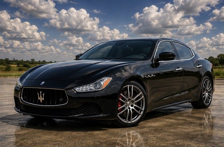 Black Maserati coupe parked on a wet road under a cloudy sky