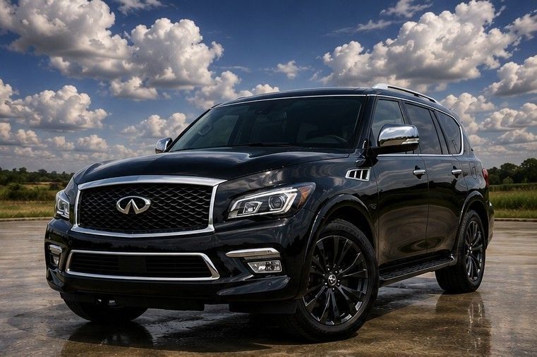 Black Infiniti SUV parked on wet pavement under a cloudy sky