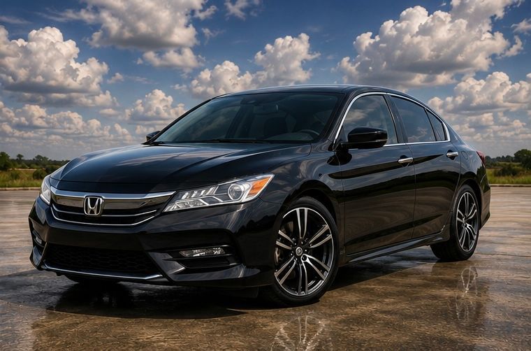 Black Honda sedan parked on wet pavement under a cloudy sky