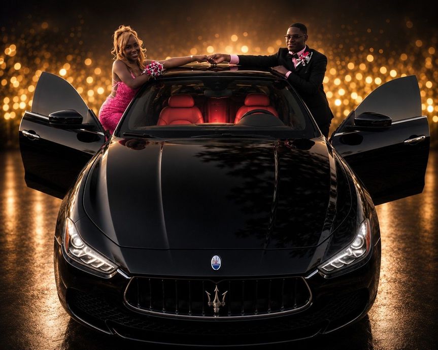 Black luxury sports car with open doors, featuring two people posed on top amid warm city lights