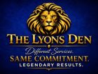 The Lyons Den logo with a gold lion head on dark blue, and the tagline &ldquo;Different Services. Same Commitment. Legendary Results.&rdquo;
