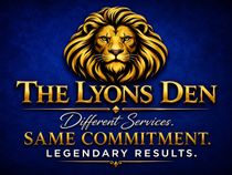 The Lyons Den logo with a gold lion head on dark blue, and the tagline &ldquo;Different Services. Same Commitment. Legendary Results.&rdquo;