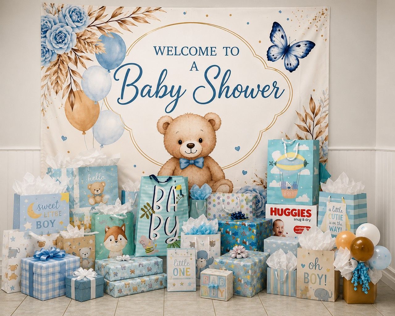Blue-and-gold baby shower display with teddy bear, gift boxes, and