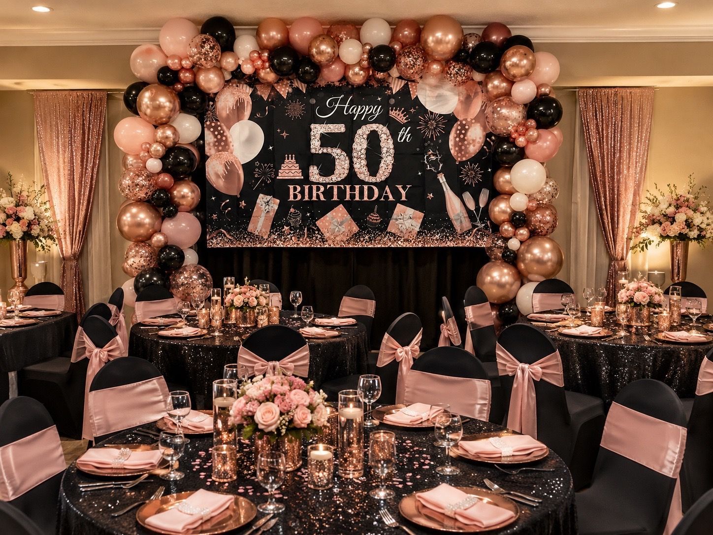 Elegant 50th birthday party setup with rose gold balloons, black decor, and candlelit tables