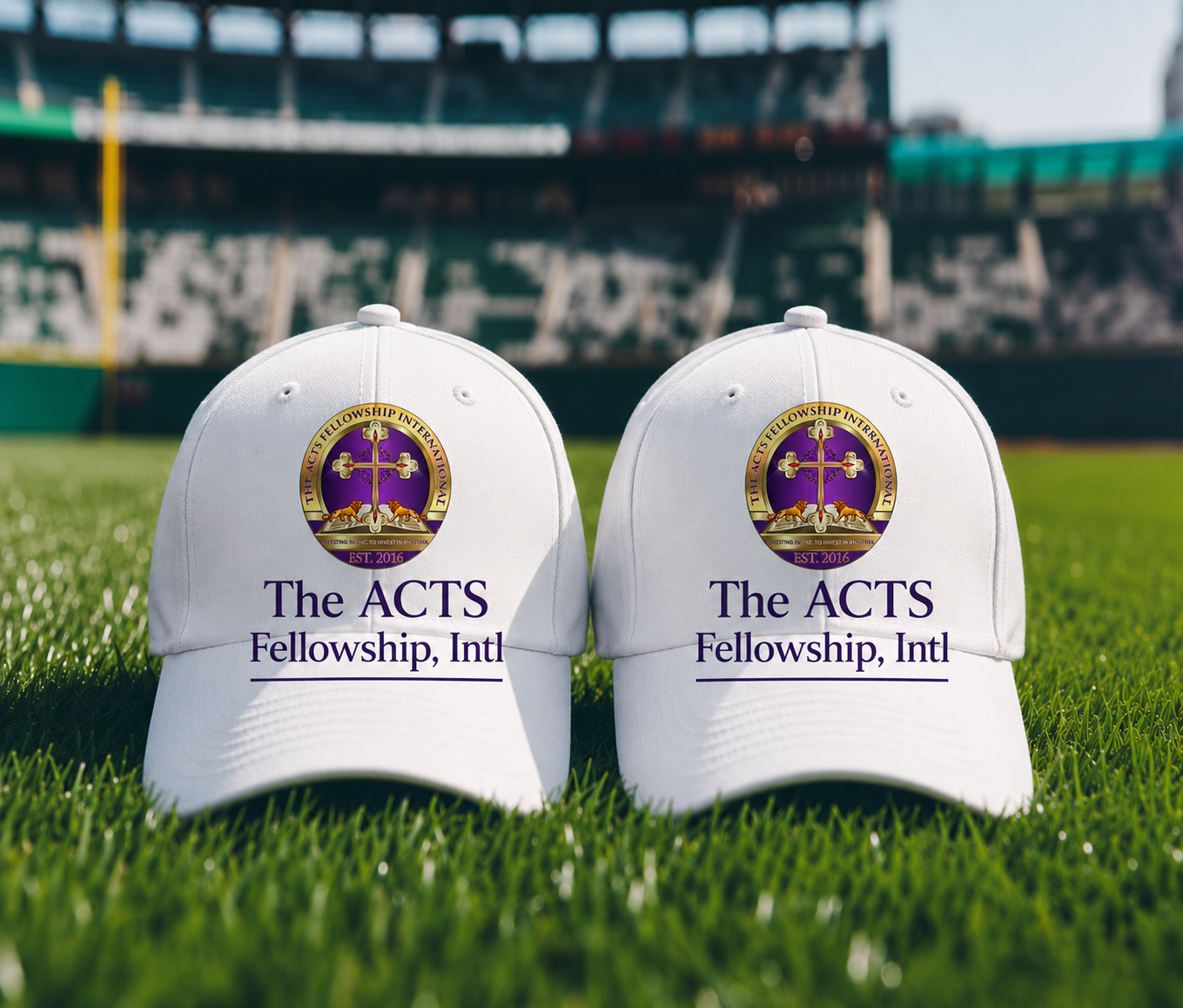 Two white caps with The ACTS Fellowship, Intl logo on grass in a stadium