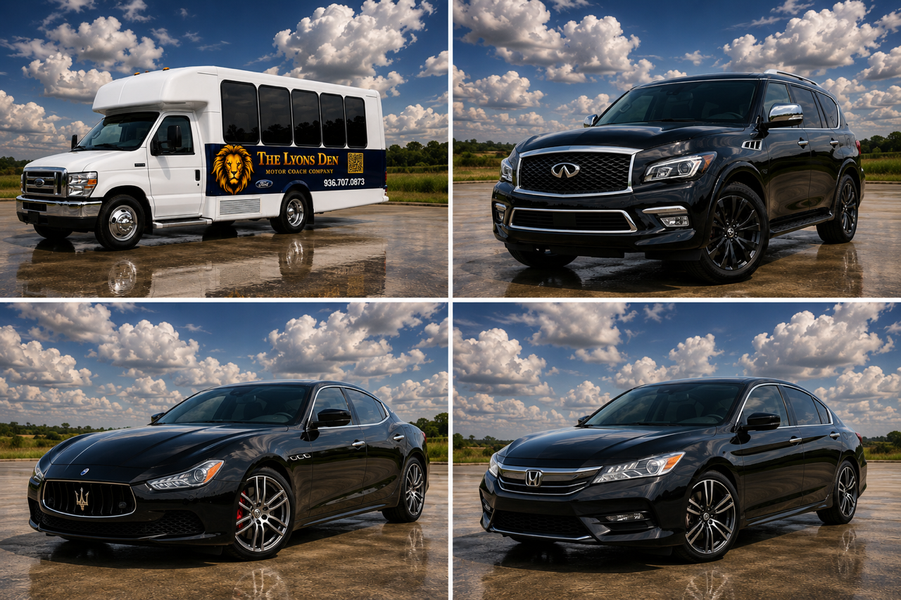 Four cars displayed in a 2x2 collage outdoors: a white box truck, black SUV, black coupe, and gray sedan.