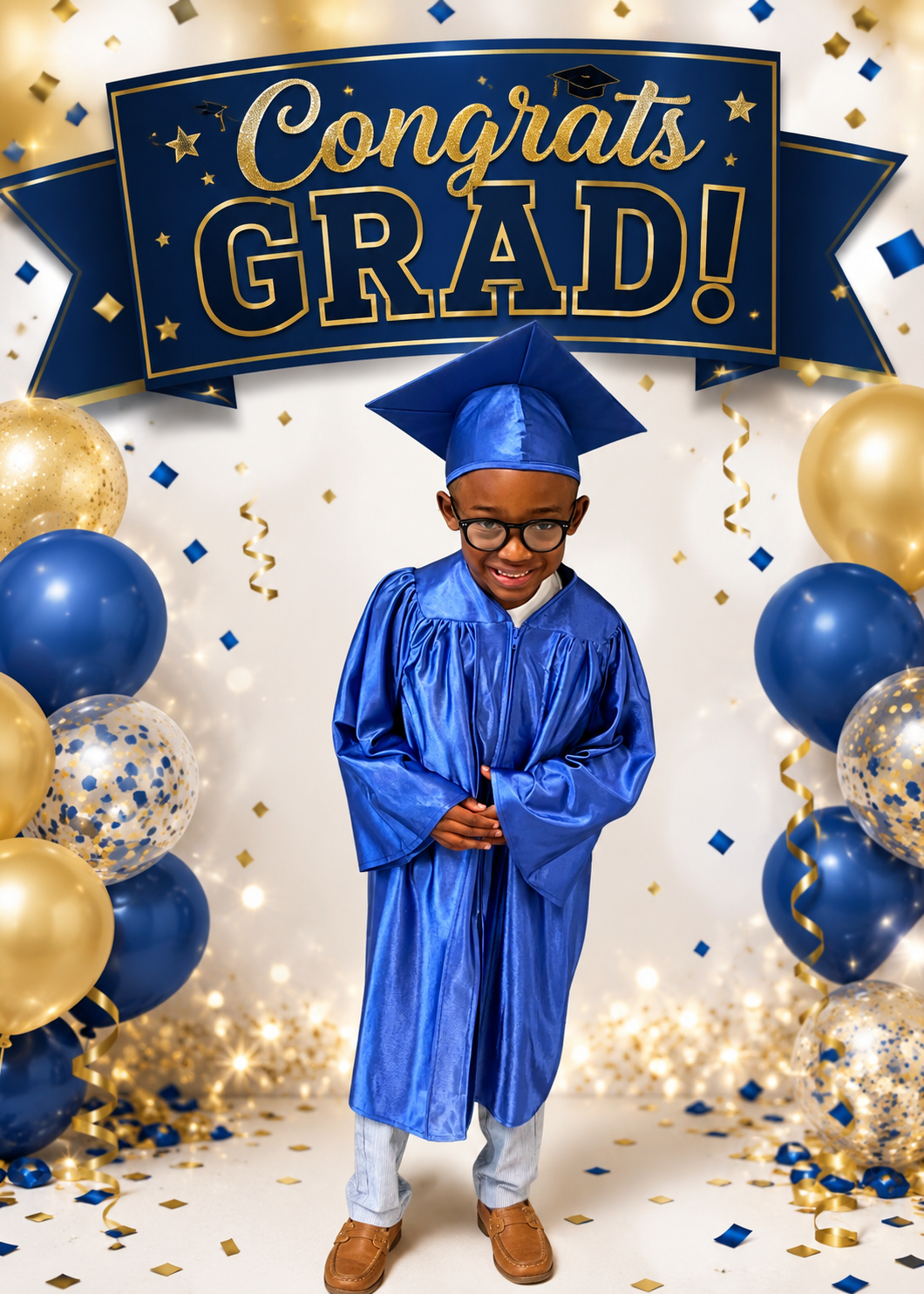 Child in blue graduation gown and cap smiling under a “Congrats Grad!” banner with blue and gold balloons.