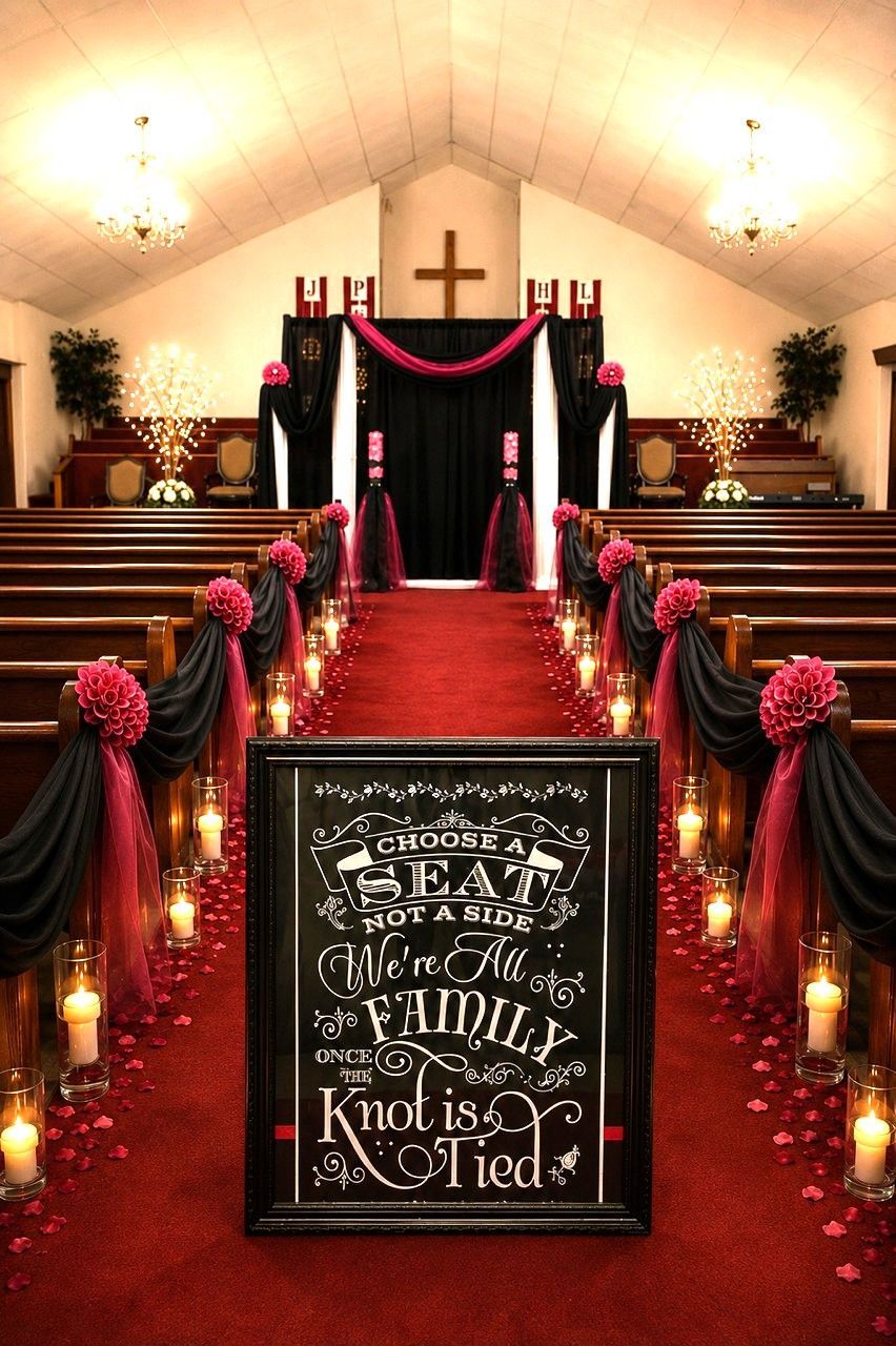Red-carpet church aisle with black drapes, candles, pink flowers, and a sign reading “Till death do us part.”