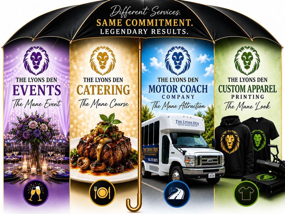 Promotional collage for The Lyons Den services: events, catering, motor coach, and custom apparel
