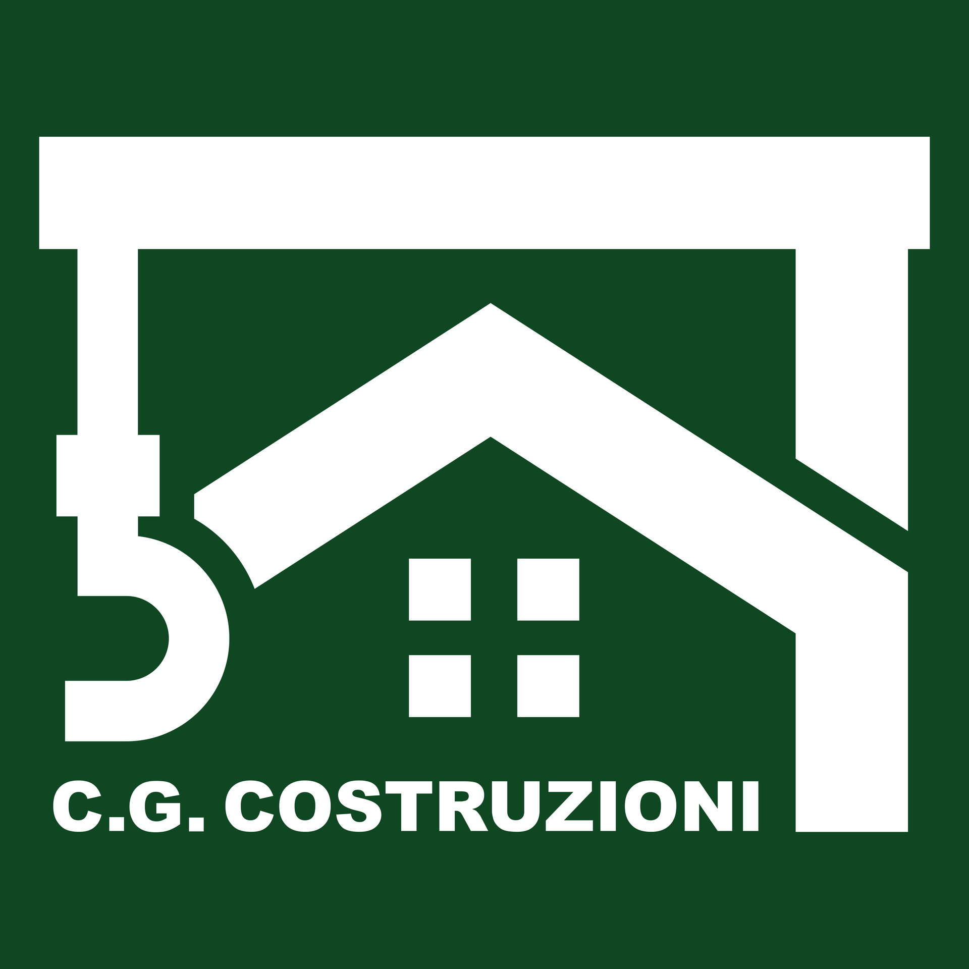 Un logo bianco raffigurante il tetto di una casa e una gru da costruzione su sfondo verde, con la scritta