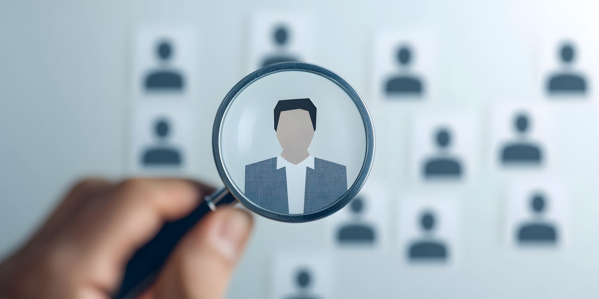 Magnifying glass focusing on an illustrated profile among blurred icons of other candidates. Magnifying glass focusing on an illustrated profile among blurred icons of other candidates.