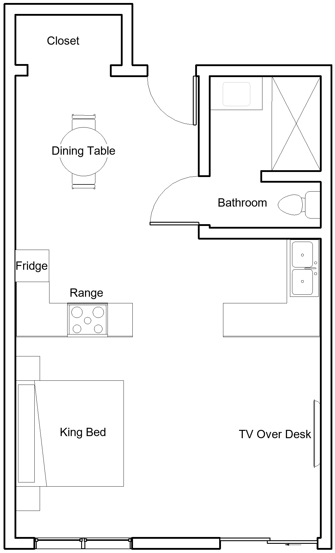 Black-and-white floor plan sketch of a room layout with labeled spaces and walls.