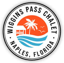 Wiggins Pass Chalet Naples, Florida logo with palm trees, waves, and sunset colors