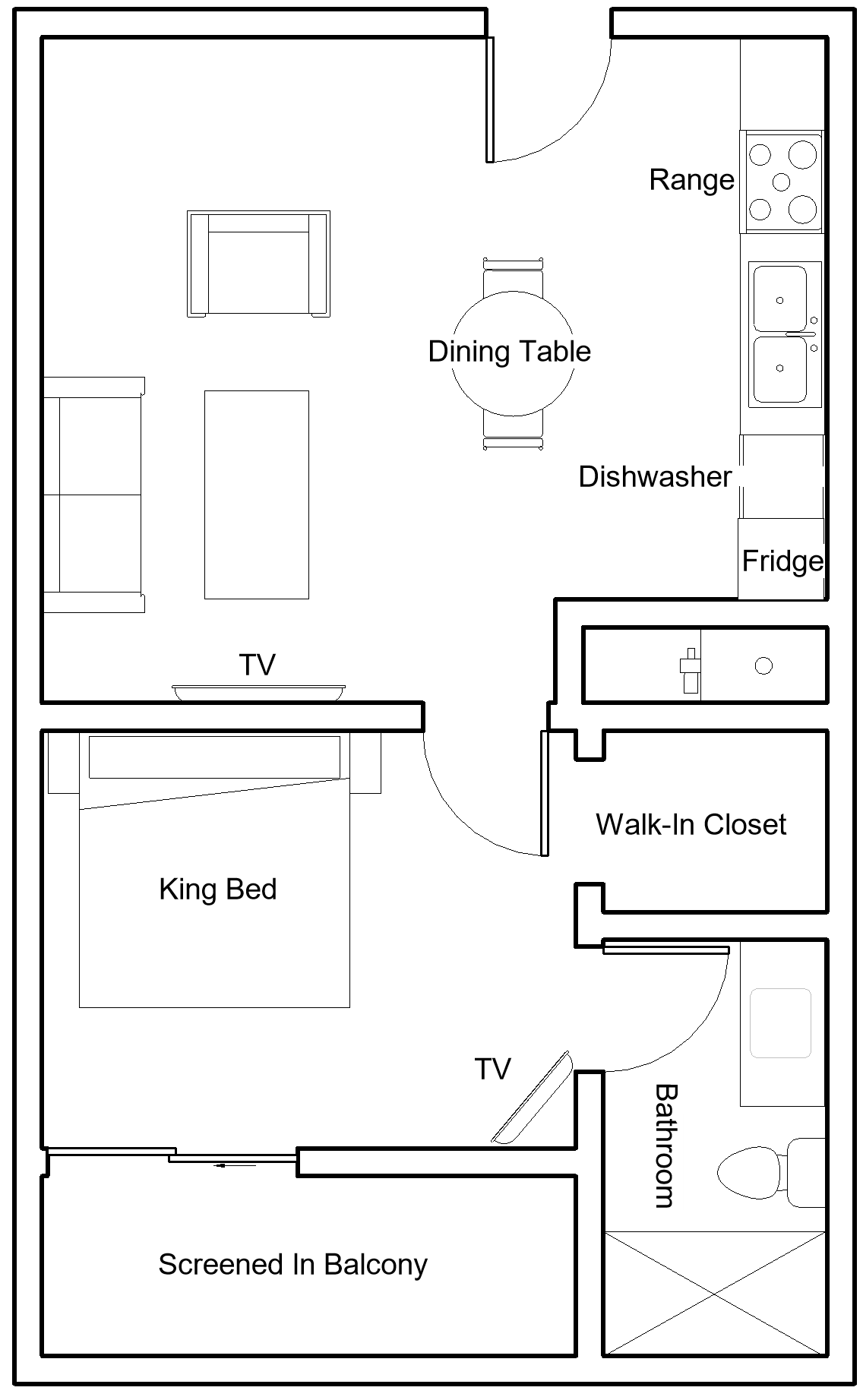 Black-and-white floor plan of a small apartment with labeled rooms and hallway.