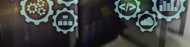 Abstract tech icons with gears and code symbols in blue and gray tones