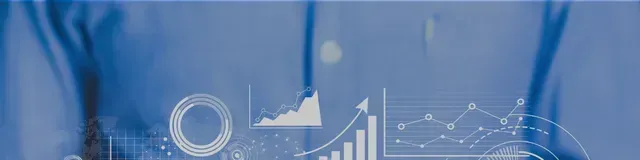 Blue digital finance chart with rising white bars, line graphs, and circular interface icons