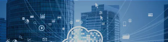 Blue-toned cloud computing network with glowing connections over a city skyline and digital interface icons