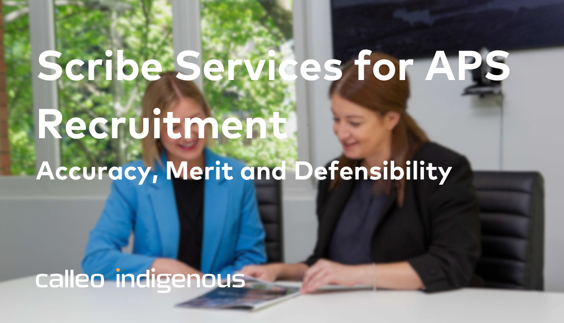 Two women reviewing documents at a table. Text: Scribe Services for APS Recruitment. Accuracy, Merit