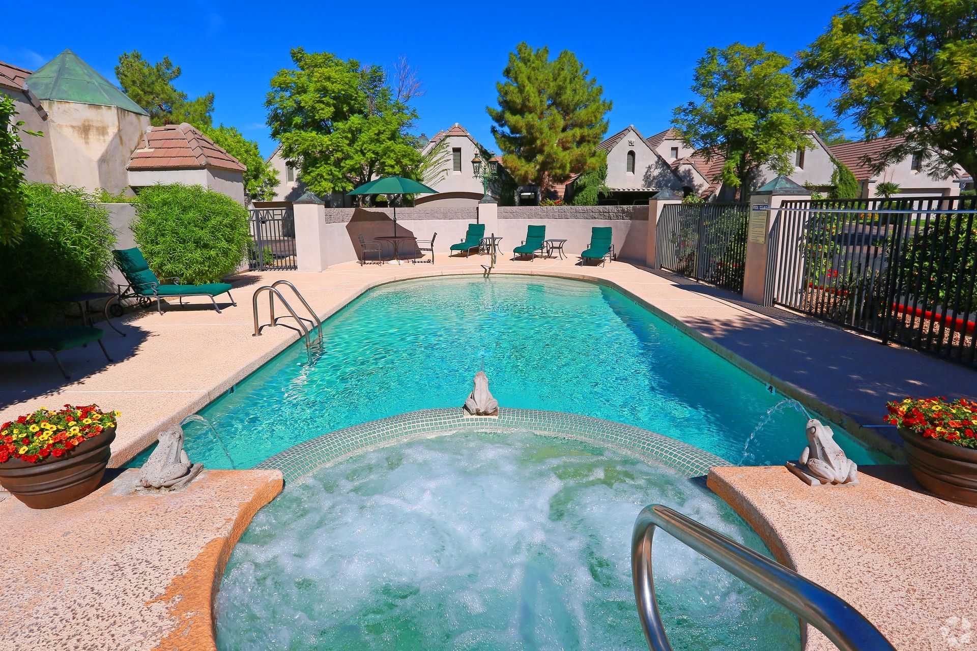 A large swimming pool is surrounded by chairs and umbrellas in a backyard.