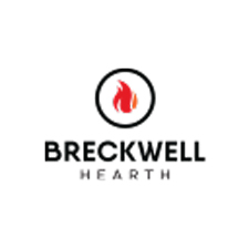 Breckwell Hearth logo with red flame icon inside a black circle above black text on white background