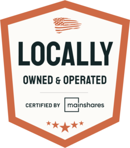 Orange badge reading “Locally Owned & Operated” with Certified by Mainshares and stars