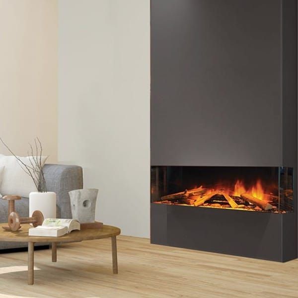 Modern living room with a sleek black fireplace and low wooden table with decor