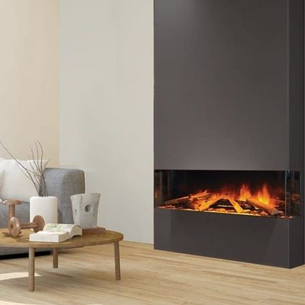 Modern living room with a sleek black fireplace and low wooden table with decor
