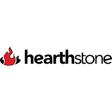 Hearthstone logo with a red flame icon and black wordmark on a white background