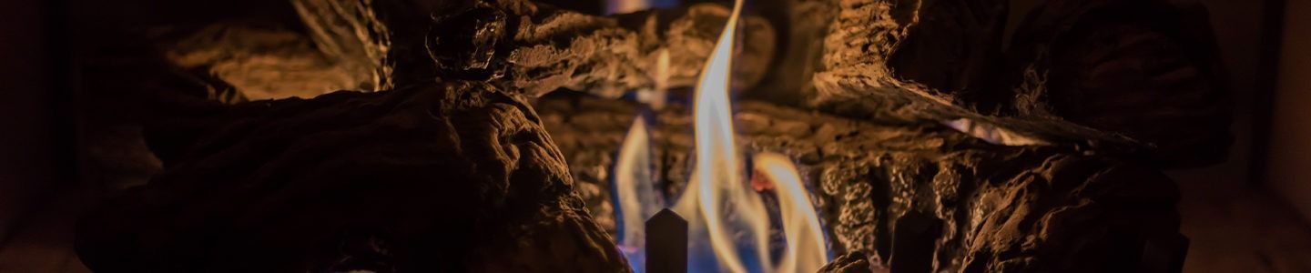 Close-up of a campfire with blue and yellow flames burning among dark logs
