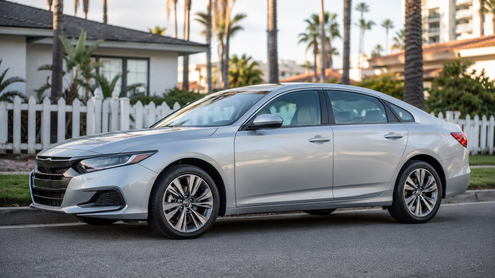 Silver sedan parked on a street with palm trees and houses in the background.