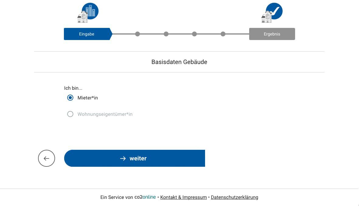 Online-Formular im Cartoon-Stil mit Fortschrittsanzeige und blauem Weiter-Button auf weißer Seite