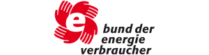 Rotes Logo mit einer stilisierten Hand und dem Text „bund der energie verbraucher“ in Schwarz und Grau.