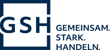 GSH-Logo mit blau umrandetem Quadrat und dem Slogan „Gemeinsam. Stark. Handeln.“