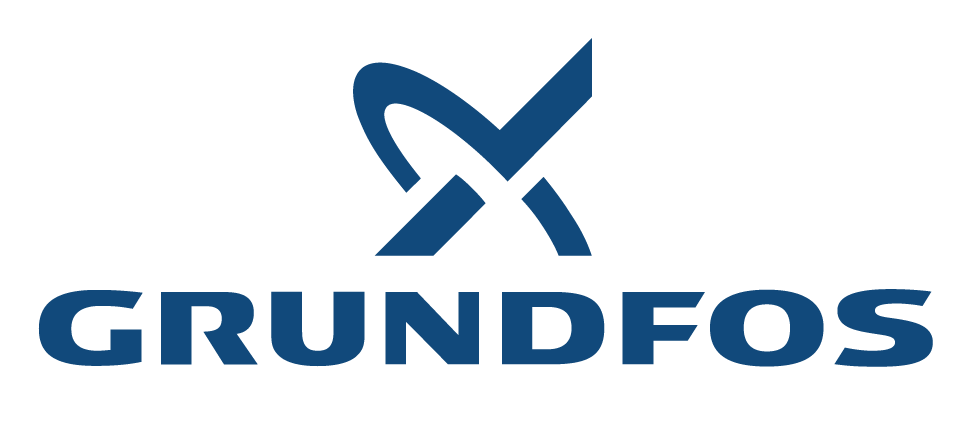 Grundfos-Logo in Blau mit stilisiertem, abstraktem Emblem über dem Schriftzug