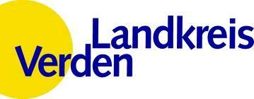 Logo für Landkreis Verden mit blauem Text und gelbem Kreis auf weißem Hintergrund