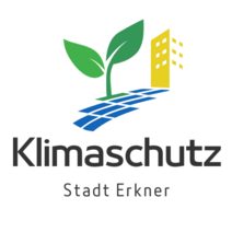 Logo für Klimaschutz Stadt Erkner mit grünen Blättern, blauen Solarpaneelen und einem gelben Gebäude