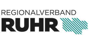Logo des Regionalverbands Ruhr in Schwarz und Türkis mit einem stilisierten Ruhrgebietskartensymbol