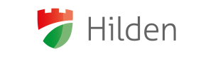 Hilden-Logo mit rot-grünem Schildsymbol und grauem Text auf weißem Hintergrund