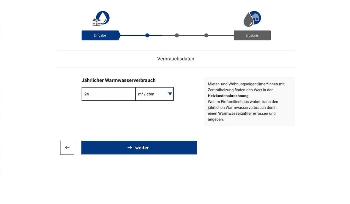 Anmelde-/Bestellformular mit Fortschrittsanzeige, Dropdown-Feld und einem blauen Weiter-Button
